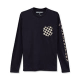 The Alpinestars Check Long Sleeve Tee Black by ALPINESTARS is a premium black cotton shirt featuring a black and white checkered pocket. The right sleeve has "ALPINESTARS" in beige with a logo above it, all using water-based print for a soft feel.