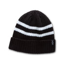 The Alpinestars Roller Beanie by Crown Kiwi Enterprises Limited is a black acrylic beanie featuring two white stripes and a small stitched emblem on the cuff.