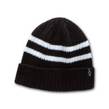 The Alpinestars Roller Beanie by Crown Kiwi Enterprises Limited is a black acrylic beanie featuring two white stripes and a small stitched emblem on the cuff.