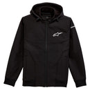 The Alpinestars Primary Jacket Black, offered by Crown Kiwi Enterprises Limited, is a black zip-up hooded softshell jacket featuring a white Alpinestars logo on the chest and sleeve. This waterproof jacket includes two front pockets and subtle seam detailing, providing it with a sleek, sporty appearance.