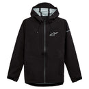 The Alpinestars Omni Rain Jacket Black from Crown Kiwi Enterprises Limited is a water-resistant jacket featuring a hood and zipper front. It showcases the Alpinestars logo on both the chest and sleeve and includes adjustable drawstrings, two front pockets, and mechanical stretch for enhanced comfort.