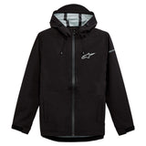 The Alpinestars Omni Rain Jacket Black from Crown Kiwi Enterprises Limited is a water-resistant jacket featuring a hood and zipper front. It showcases the Alpinestars logo on both the chest and sleeve and includes adjustable drawstrings, two front pockets, and mechanical stretch for enhanced comfort.