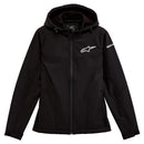 The Alpinestars Womens Primary Jacket in black features a hood, logo on the chest and left sleeve, wind-stopping design, zipper front, and side pockets for a sleek, weather-resistant finish.