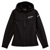 The Alpinestars Womens Primary Jacket in black features a hood, logo on the chest and left sleeve, wind-stopping design, zipper front, and side pockets for a sleek, weather-resistant finish.