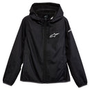 The Alpinestars Womens Treq Windbreaker Black, by Crown Kiwi Enterprises Limited, is a lightweight polyester zip-up jacket featuring a hood and two front pockets. The iconic Alpinestars logo is prominently displayed on both the chest and sleeve.
