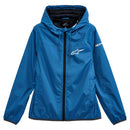 The Alpinestars Womens Treq Windbreaker Blue by ALPINESTARS is a blue windbreaker with a hood, featuring the brand's logo on the left chest and right sleeve. This women's jacket includes a full-length front zipper and two side pockets. The material is lightweight, making it ideal for outdoor activities.