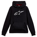 The Alpinestars Women's Ageless v2 Hoodie in black features a prominent white star logo, reminiscent of Alpinestars, centered on the chest. This stylish fleece by Crown Kiwi Enterprises Limited includes a front pocket and a hood with red lining for added contrast and flair.
