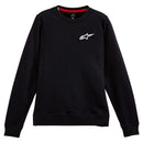 The Alpinestars Women's Ageless Chest Crew by ALPINESTARS is a black long-sleeve fleece featuring a small white embroidered stylized star and swoosh logo on the upper left chest. It has a round neckline with a visible red accent inside.