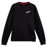The Alpinestars Women's Ageless Chest Crew by ALPINESTARS is a black long-sleeve fleece featuring a small white embroidered stylized star and swoosh logo on the upper left chest. It has a round neckline with a visible red accent inside.
