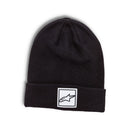 The Alpinestars Women's Delight Beanie in black features a folded brim with a logo woven label on the front. The stylized logo resembles an arrow or comet, making it a trendy and versatile knit jersey accessory against its plain white background.