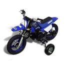A blue Yamaha child-sized dirt bike with HARDLINE UNIVERSAL TRAINING WHEELS FOR MOST 50CC MOTORCYCLES by HARDLINE. The bike features black and white accents, with a Yamaha logo on the seat and front plate. The sturdy training wheels are supported by metal arms extending from the rear wheel, making it an ideal entry-level motorcycle.