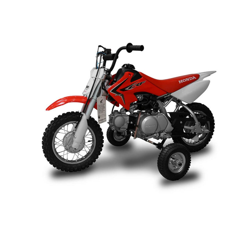 A blue Yamaha child-sized dirt bike with HARDLINE UNIVERSAL TRAINING WHEELS FOR MOST 50CC MOTORCYCLES by HARDLINE. The bike features black and white accents, with a Yamaha logo on the seat and front plate. The sturdy training wheels are supported by metal arms extending from the rear wheel, making it an ideal entry-level motorcycle.