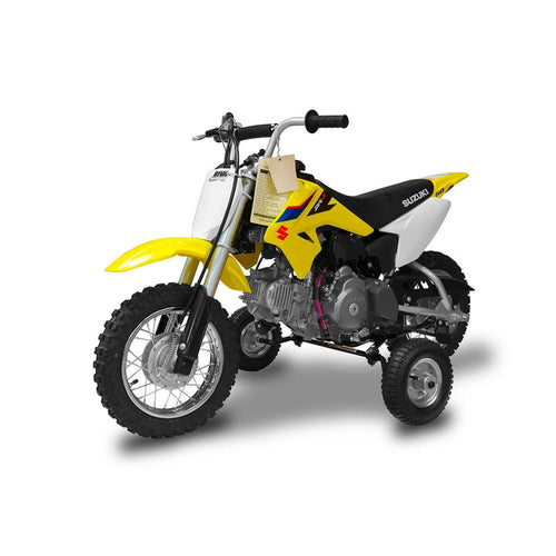 A blue Yamaha child-sized dirt bike with HARDLINE UNIVERSAL TRAINING WHEELS FOR MOST 50CC MOTORCYCLES by HARDLINE. The bike features black and white accents, with a Yamaha logo on the seat and front plate. The sturdy training wheels are supported by metal arms extending from the rear wheel, making it an ideal entry-level motorcycle.