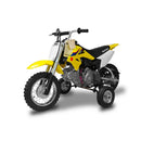 A blue Yamaha child-sized dirt bike with HARDLINE UNIVERSAL TRAINING WHEELS FOR MOST 50CC MOTORCYCLES by HARDLINE. The bike features black and white accents, with a Yamaha logo on the seat and front plate. The sturdy training wheels are supported by metal arms extending from the rear wheel, making it an ideal entry-level motorcycle.
