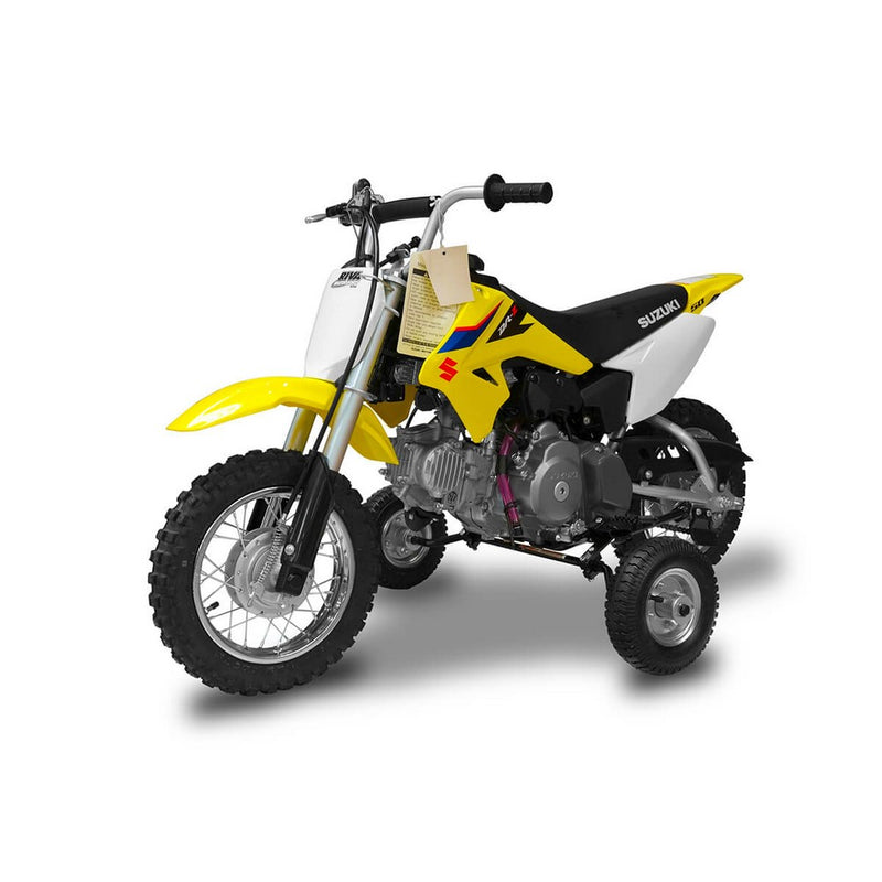 A blue Yamaha child-sized dirt bike with HARDLINE UNIVERSAL TRAINING WHEELS FOR MOST 50CC MOTORCYCLES by HARDLINE. The bike features black and white accents, with a Yamaha logo on the seat and front plate. The sturdy training wheels are supported by metal arms extending from the rear wheel, making it an ideal entry-level motorcycle.