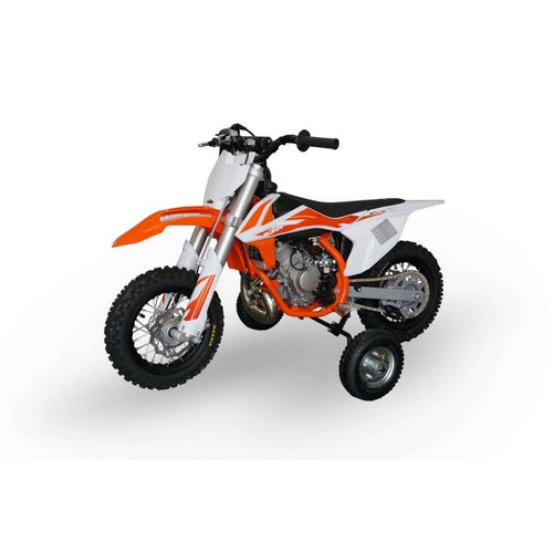 A blue Yamaha child-sized dirt bike with HARDLINE UNIVERSAL TRAINING WHEELS FOR MOST 50CC MOTORCYCLES by HARDLINE. The bike features black and white accents, with a Yamaha logo on the seat and front plate. The sturdy training wheels are supported by metal arms extending from the rear wheel, making it an ideal entry-level motorcycle.