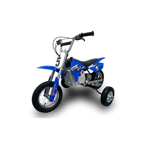 A blue Yamaha child-sized dirt bike with HARDLINE UNIVERSAL TRAINING WHEELS FOR MOST 50CC MOTORCYCLES by HARDLINE. The bike features black and white accents, with a Yamaha logo on the seat and front plate. The sturdy training wheels are supported by metal arms extending from the rear wheel, making it an ideal entry-level motorcycle.
