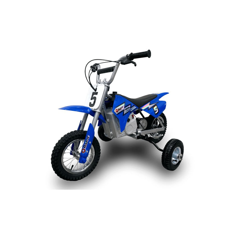 A blue Yamaha child-sized dirt bike with HARDLINE UNIVERSAL TRAINING WHEELS FOR MOST 50CC MOTORCYCLES by HARDLINE. The bike features black and white accents, with a Yamaha logo on the seat and front plate. The sturdy training wheels are supported by metal arms extending from the rear wheel, making it an ideal entry-level motorcycle.