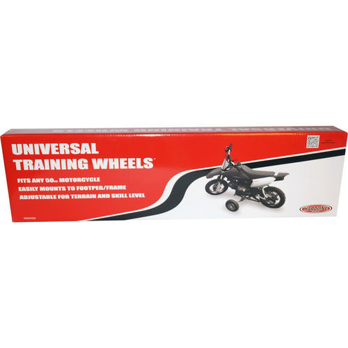 A blue Yamaha child-sized dirt bike with HARDLINE UNIVERSAL TRAINING WHEELS FOR MOST 50CC MOTORCYCLES by HARDLINE. The bike features black and white accents, with a Yamaha logo on the seat and front plate. The sturdy training wheels are supported by metal arms extending from the rear wheel, making it an ideal entry-level motorcycle.