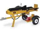 A yellow, industrial BAR 25 Ton Vertical/Horizontal Engine Driven Log Splitter by BE Pressure Supply Ltd. with a black splitting beam and a red and white engine mounted on a sturdy metal frame. Perfect for making firewood, it has two large wheels for mobility and a trailer hitch for towing.