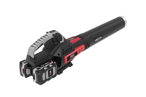 The Victa Corvette 18V Dual Battery Blower - Console Only is a sleek black and red cordless leaf blower that features a brushless motor, dual-lever cruise control, and a large nozzle. It comes with two lithium-ion battery packs for enhanced performance and includes a comfortable grey grip handle. The blower prominently displays "450 CFM" to highlight its powerful performance.