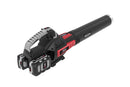 The Victa Corvette 18V Dual Battery Blower - Console Only is a sleek black and red cordless leaf blower that features a brushless motor, dual-lever cruise control, and a large nozzle. It comes with two lithium-ion battery packs for enhanced performance and includes a comfortable grey grip handle. The blower prominently displays "450 CFM" to highlight its powerful performance.