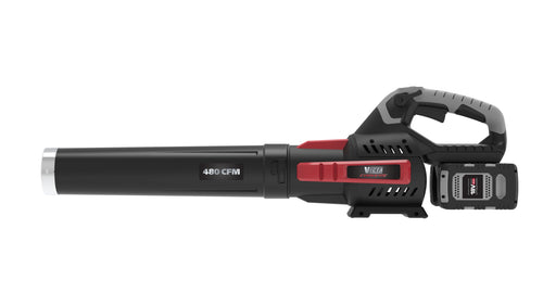 The Victa Corvette 18V Dual Battery Blower - Console Only is a sleek black and red cordless leaf blower that features a brushless motor, dual-lever cruise control, and a large nozzle. It comes with two lithium-ion battery packs for enhanced performance and includes a comfortable grey grip handle. The blower prominently displays "450 CFM" to highlight its powerful performance.