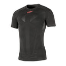 Introducing the Alpinestars Tech Top Short Sleeve Summer by Crown Kiwi Enterprises Limited—this black compression shirt features a stylish red logo near the neckline and mesh-like patterns for optimal ventilation. The ultra-lightweight base layers provide a snug fit that boosts athletic performance while its moisture-wicking technology ensures you stay dry and comfortable.