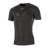 Introducing the Alpinestars Tech Top Short Sleeve Summer by Crown Kiwi Enterprises Limited—this black compression shirt features a stylish red logo near the neckline and mesh-like patterns for optimal ventilation. The ultra-lightweight base layers provide a snug fit that boosts athletic performance while its moisture-wicking technology ensures you stay dry and comfortable.