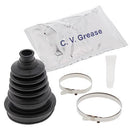 The image depicts the VERTEX UNIVERSAL CV Boot Replacement Overcone Tool EZ Trail Boot Kit, which includes a black rubber universal CV boot replacement, a sachet labeled "C.V. Grease," two metal clamps suitable for most vehicles, and a small tube of grease. The items are arranged neatly against a plain white background.