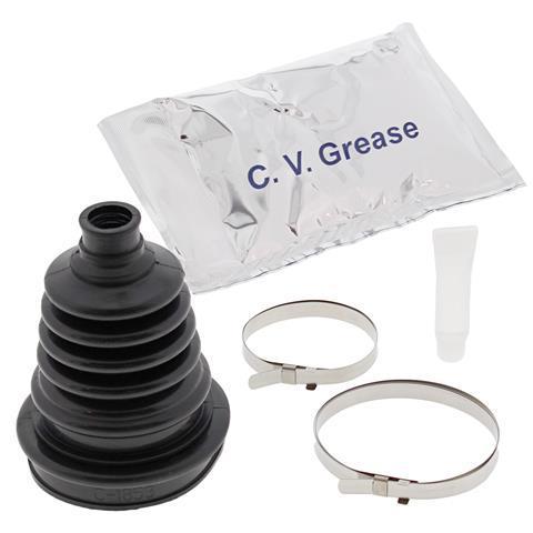The image depicts the VERTEX UNIVERSAL CV Boot Replacement Overcone Tool EZ Trail Boot Kit, which includes a black rubber universal CV boot replacement, a sachet labeled "C.V. Grease," two metal clamps suitable for most vehicles, and a small tube of grease. The items are arranged neatly against a plain white background.