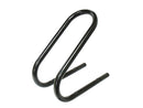 A black, curved metal bracket with two parallel horizontal bars and a rounded top, resembling an inverted "U" shape. Designed for mounting or supporting a PSYCHIC MX WHEEL CHOCK A TYRE CHOCK PSYCHIC VAN OR TRUCK MADE OF 22MM DIAMETER PIPE, the horizontal bars have holes for screws or bolts, ensuring secure attachment to a van or truck.