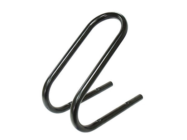 A black, curved metal bracket with two parallel horizontal bars and a rounded top, resembling an inverted "U" shape. Designed for mounting or supporting a PSYCHIC MX WHEEL CHOCK A TYRE CHOCK PSYCHIC VAN OR TRUCK MADE OF 22MM DIAMETER PIPE, the horizontal bars have holes for screws or bolts, ensuring secure attachment to a van or truck.
