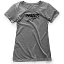 The Alpinestars Womens Heritage Blaze Tee by Crown Kiwi Enterprises Limited is a grey T-shirt showcasing a black "asstars" logo with an arrow design beneath it. Made from Combed Ring-Spun Cotton, this classic printed tee delivers a simple and casual style against a plain white background.