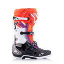 Colorful Alpinestars Tech-10 MX Boots by Crown Kiwi Enterprises Limited feature bold red, orange, white, black, and purple accents with prominent branding. These sleek boots include protective buckles, reinforced areas for durability and safety, and a Dynamic Heel Compression Protector.