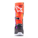 Colorful Alpinestars Tech-10 MX Boots by Crown Kiwi Enterprises Limited feature bold red, orange, white, black, and purple accents with prominent branding. These sleek boots include protective buckles, reinforced areas for durability and safety, and a Dynamic Heel Compression Protector.