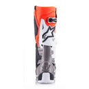 Colorful Alpinestars Tech-10 MX Boots by Crown Kiwi Enterprises Limited feature bold red, orange, white, black, and purple accents with prominent branding. These sleek boots include protective buckles, reinforced areas for durability and safety, and a Dynamic Heel Compression Protector.