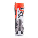Colorful Alpinestars Tech-10 MX Boots by Crown Kiwi Enterprises Limited feature bold red, orange, white, black, and purple accents with prominent branding. These sleek boots include protective buckles, reinforced areas for durability and safety, and a Dynamic Heel Compression Protector.