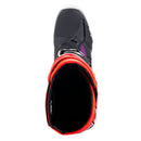 Colorful Alpinestars Tech-10 MX Boots by Crown Kiwi Enterprises Limited feature bold red, orange, white, black, and purple accents with prominent branding. These sleek boots include protective buckles, reinforced areas for durability and safety, and a Dynamic Heel Compression Protector.