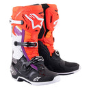 Colorful Alpinestars Tech-10 MX Boots by Crown Kiwi Enterprises Limited feature bold red, orange, white, black, and purple accents with prominent branding. These sleek boots include protective buckles, reinforced areas for durability and safety, and a Dynamic Heel Compression Protector.