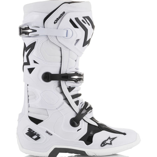 The Alpinestars Tech-10 MX Boots White by Crown Kiwi Enterprises Limited are lightweight motocross boots in white and black, featuring an angular design with multiple buckles, prominent branding, reinforced protective areas, and a Dynamic Heel Compression Protector for style and safety.