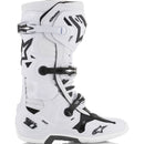 The Alpinestars Tech-10 MX Boots White by Crown Kiwi Enterprises Limited are lightweight motocross boots in white and black, featuring an angular design with multiple buckles, prominent branding, reinforced protective areas, and a Dynamic Heel Compression Protector for style and safety.