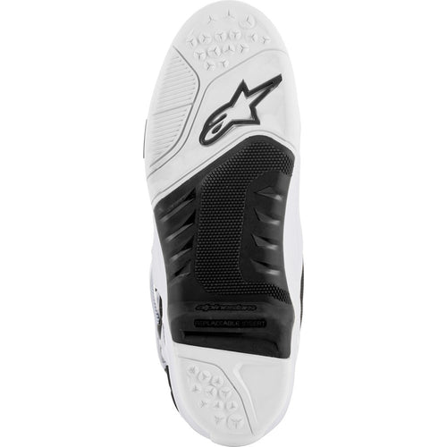 The Alpinestars Tech-10 MX Boots White by Crown Kiwi Enterprises Limited are lightweight motocross boots in white and black, featuring an angular design with multiple buckles, prominent branding, reinforced protective areas, and a Dynamic Heel Compression Protector for style and safety.