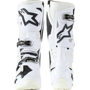 The Alpinestars Tech-10 MX Boots White by Crown Kiwi Enterprises Limited are lightweight motocross boots in white and black, featuring an angular design with multiple buckles, prominent branding, reinforced protective areas, and a Dynamic Heel Compression Protector for style and safety.