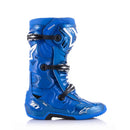 The Alpinestars Tech-10 MX Boots in blue, by ALPINESTARS, feature black and white accents, multiple buckles, protective panels, and a Dynamic Heel Compression Protector. These sturdy yet lightweight off-road riding boots have brand details on the sides and front.