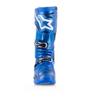 The Alpinestars Tech-10 MX Boots in blue, by ALPINESTARS, feature black and white accents, multiple buckles, protective panels, and a Dynamic Heel Compression Protector. These sturdy yet lightweight off-road riding boots have brand details on the sides and front.