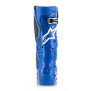 The Alpinestars Tech-10 MX Boots in blue, by ALPINESTARS, feature black and white accents, multiple buckles, protective panels, and a Dynamic Heel Compression Protector. These sturdy yet lightweight off-road riding boots have brand details on the sides and front.