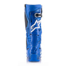 The Alpinestars Tech-10 MX Boots in blue, by ALPINESTARS, feature black and white accents, multiple buckles, protective panels, and a Dynamic Heel Compression Protector. These sturdy yet lightweight off-road riding boots have brand details on the sides and front.