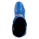 The Alpinestars Tech-10 MX Boots in blue, by ALPINESTARS, feature black and white accents, multiple buckles, protective panels, and a Dynamic Heel Compression Protector. These sturdy yet lightweight off-road riding boots have brand details on the sides and front.