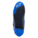 The Alpinestars Tech-10 MX Boots in blue, by ALPINESTARS, feature black and white accents, multiple buckles, protective panels, and a Dynamic Heel Compression Protector. These sturdy yet lightweight off-road riding boots have brand details on the sides and front.